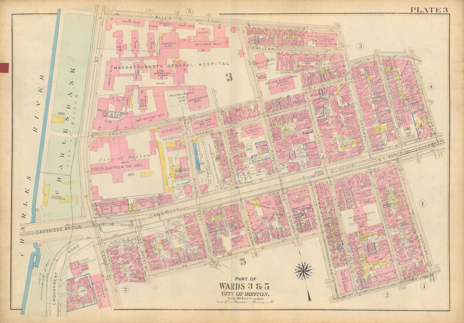 Boston #3 West End / Beacon Hill. MGH / Charlesbank. BROMLEY 1928 old map